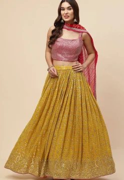 Embroidered Georgette Lehenga in Yellow