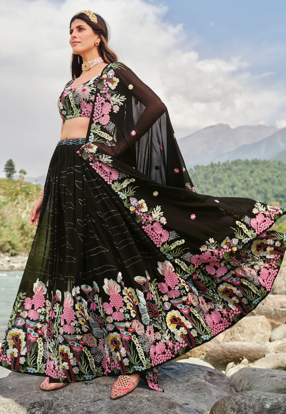Embroidered Georgette Lehenga in Black