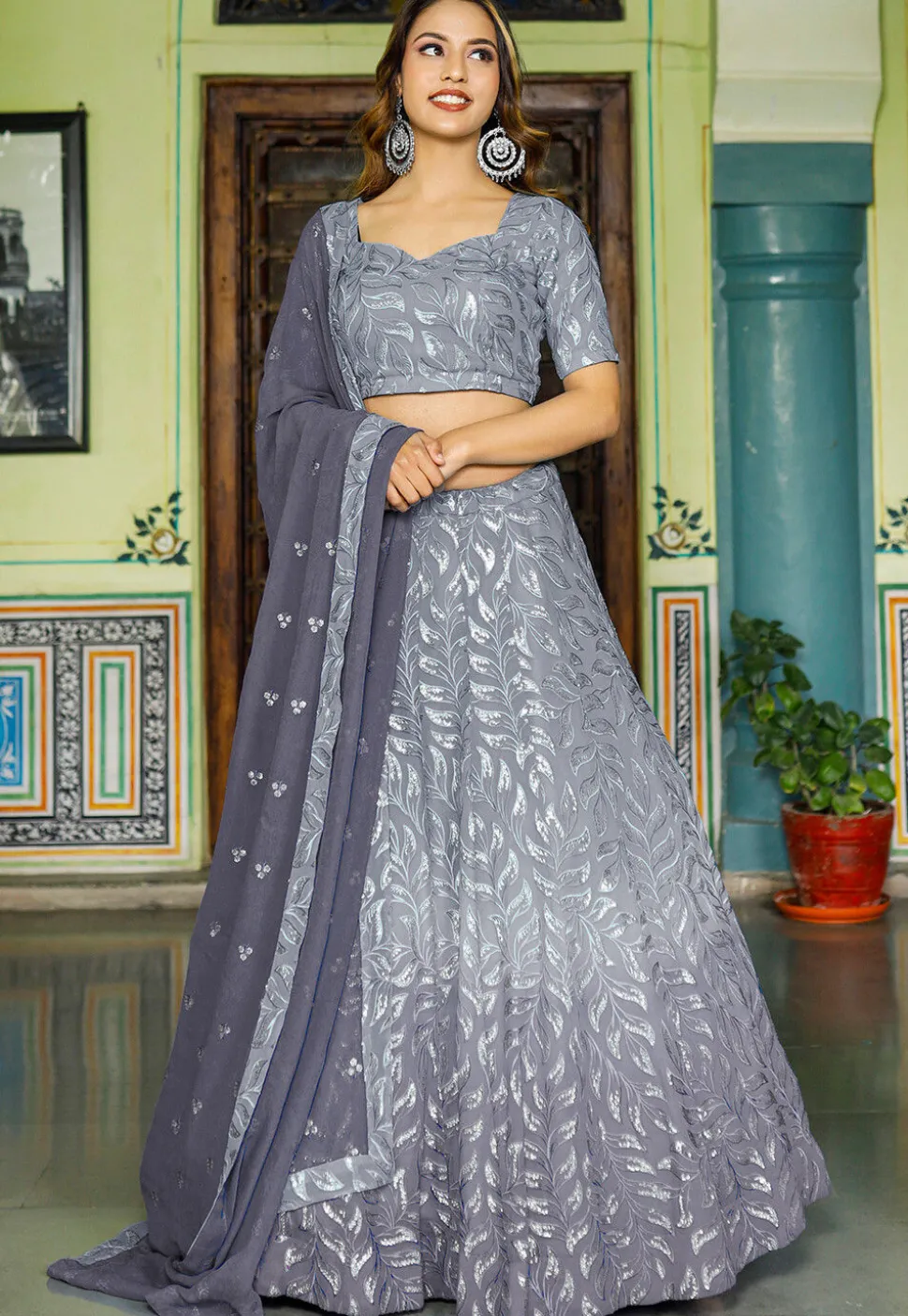Embroidered Georgette Lehenga in Shaded Grey