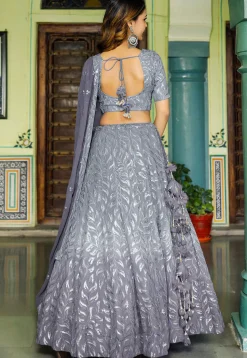 Embroidered Georgette Lehenga in Shaded Grey