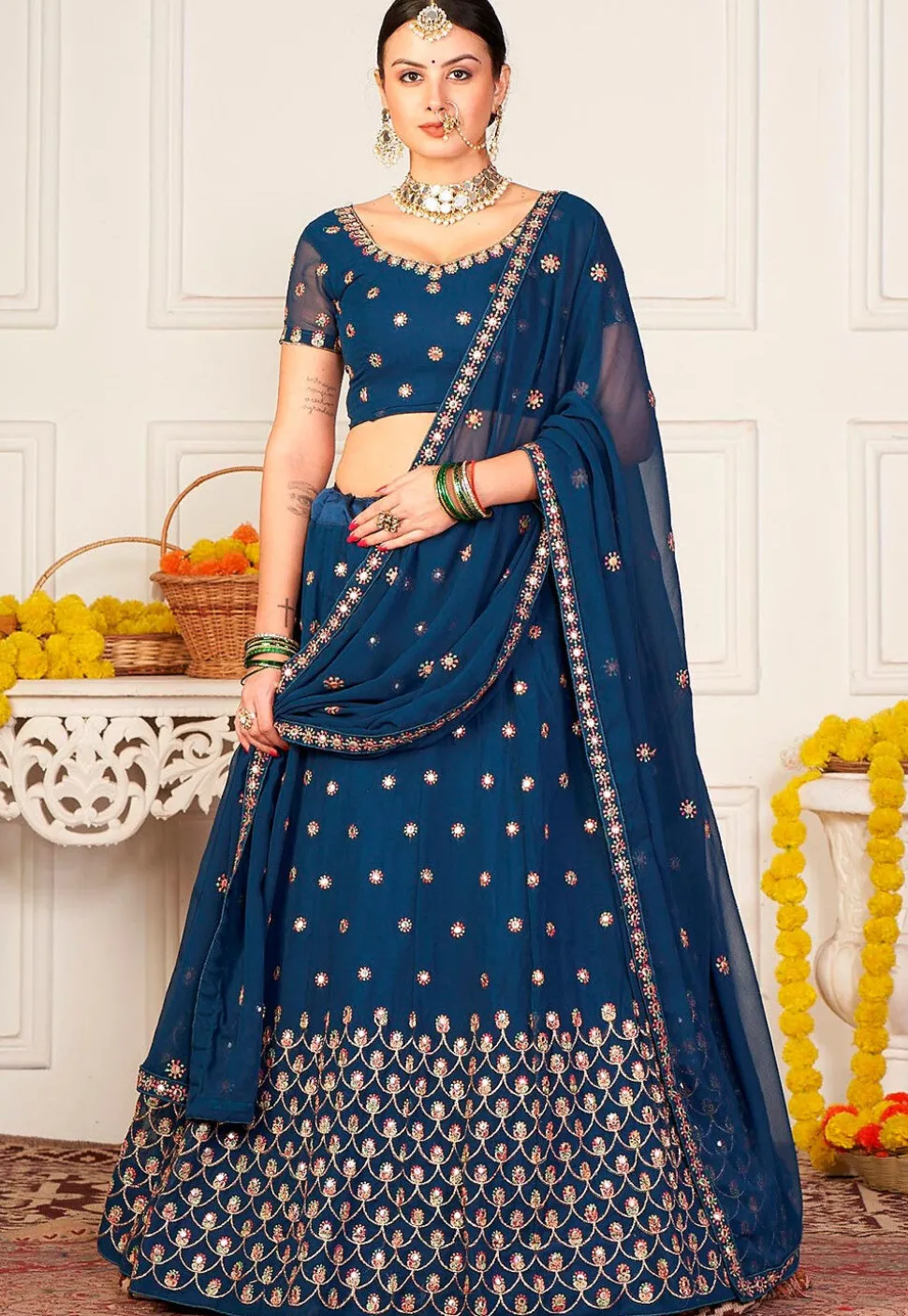 Embroidered Georgette Lehenga in Dark Teal Blue