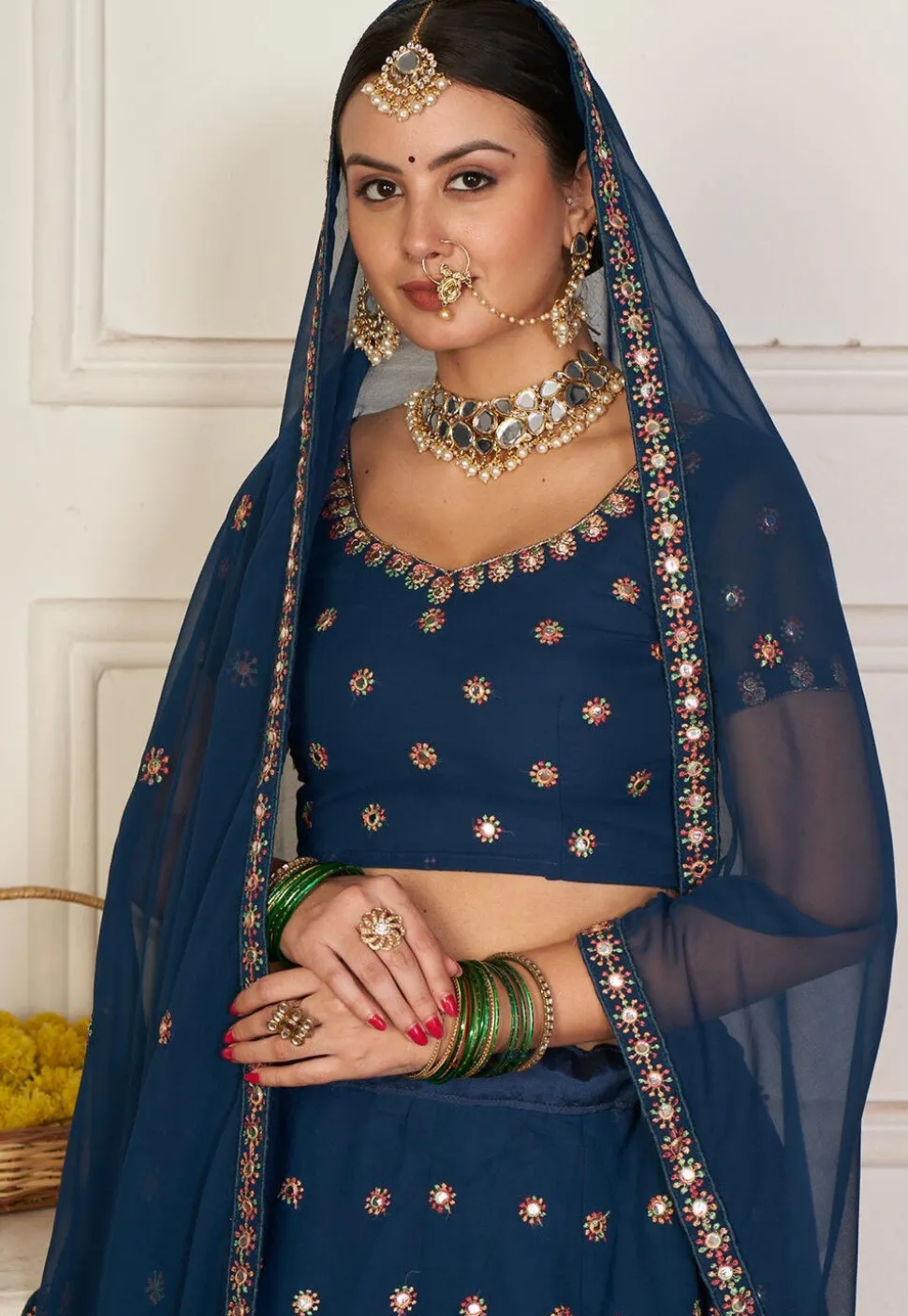 Embroidered Georgette Lehenga in Dark Teal Blue
