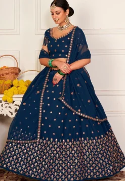Embroidered Georgette Lehenga in Dark Teal Blue