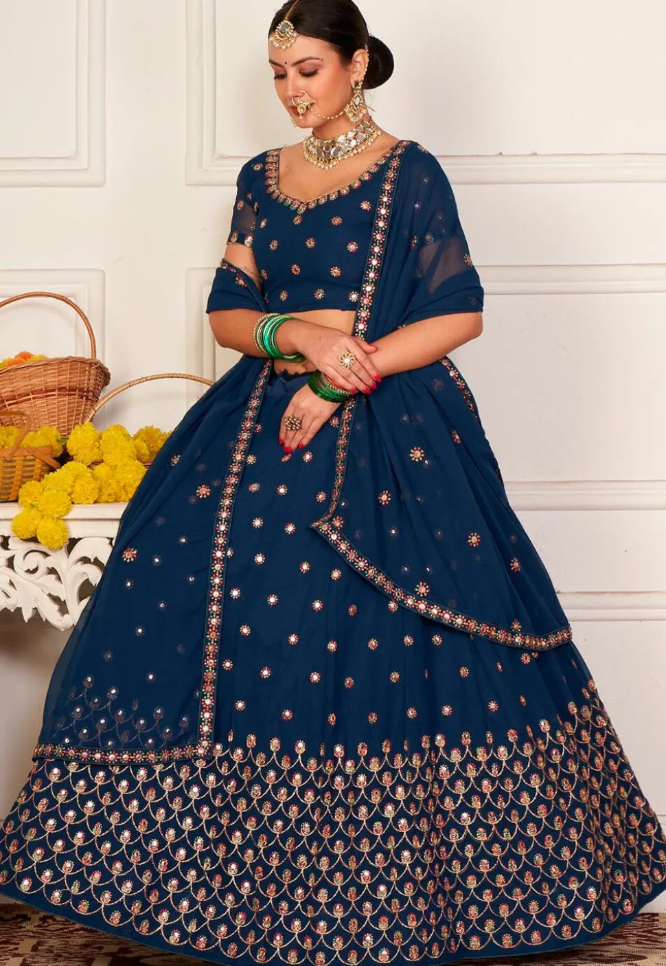 Embroidered Georgette Lehenga in Dark Teal Blue