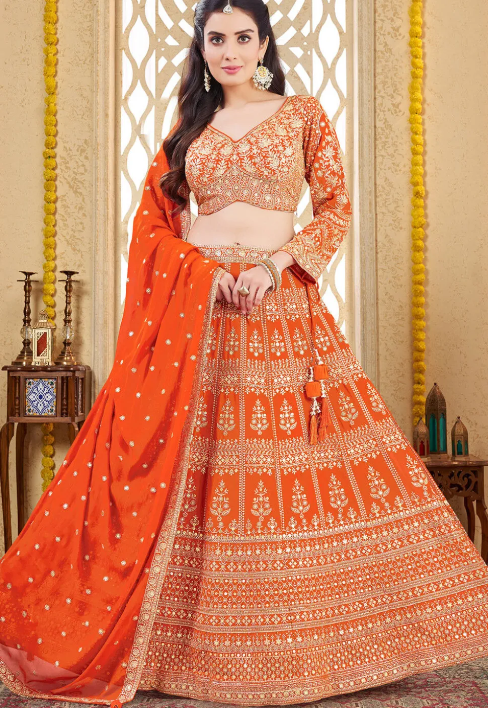Embroidered Georgette Lehenga in Orange