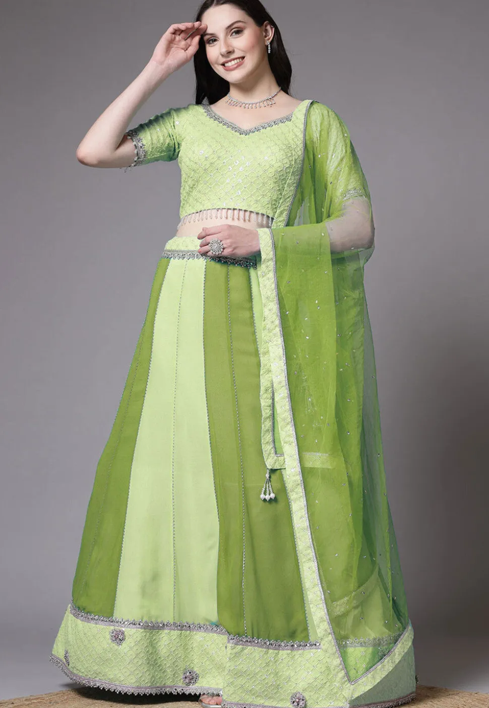 Embroidered Georgette Lehenga in Green