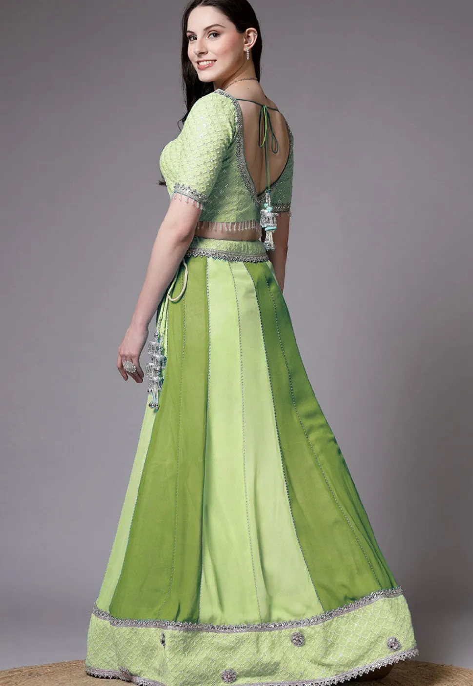 Embroidered Georgette Lehenga in Green
