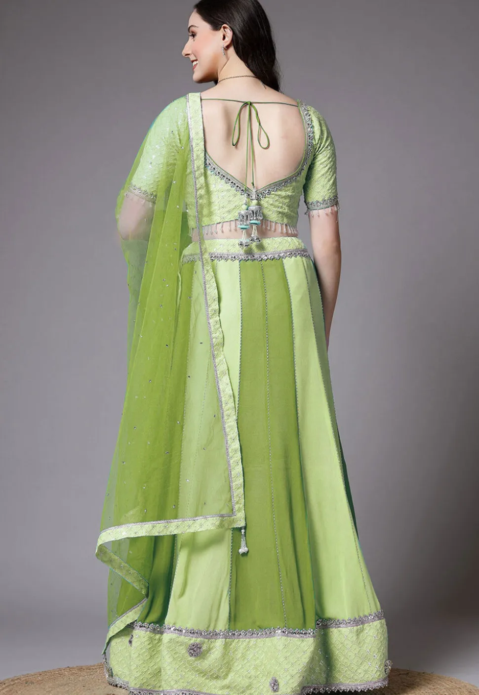 Embroidered Georgette Lehenga in Green