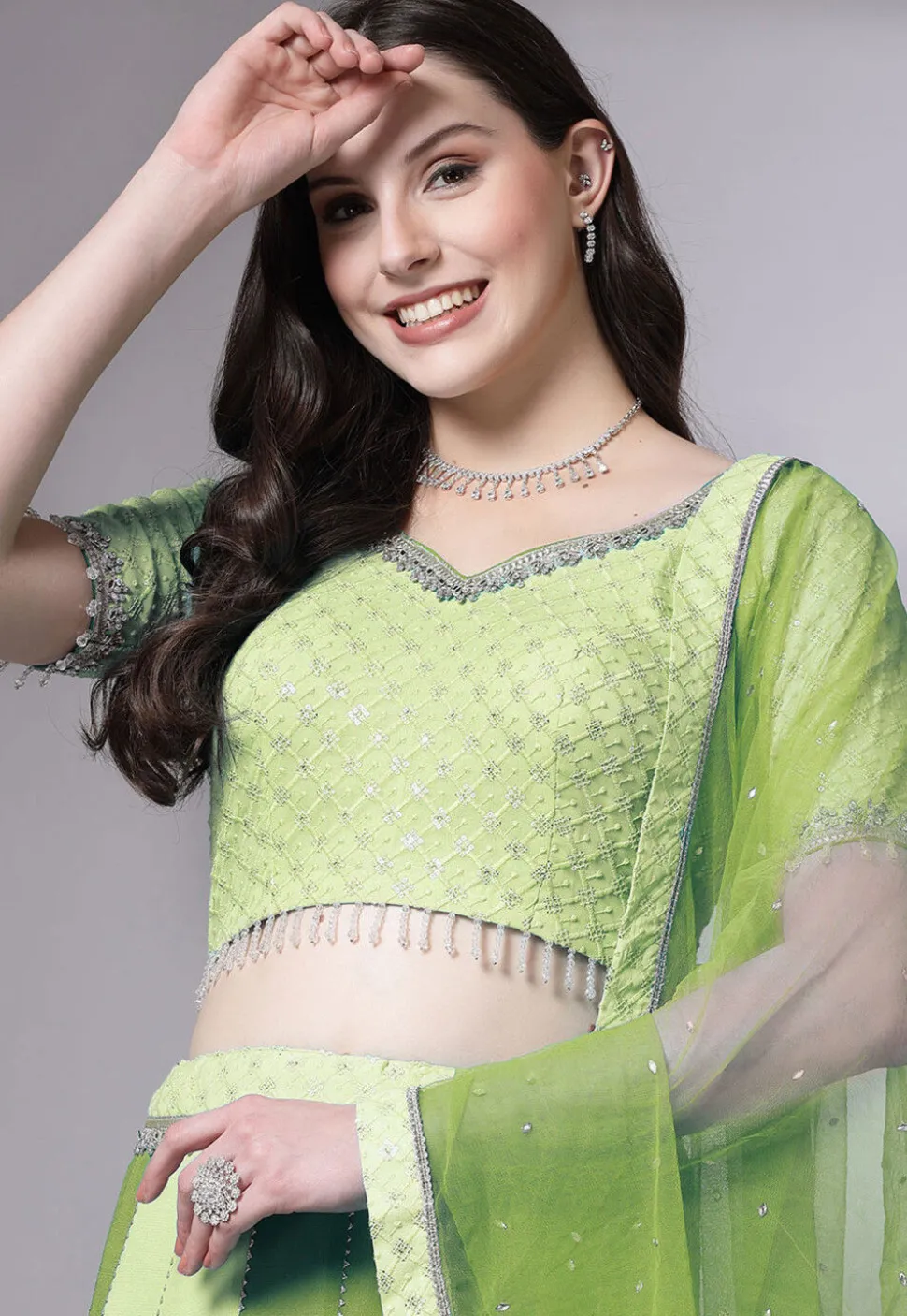 Embroidered Georgette Lehenga in Green