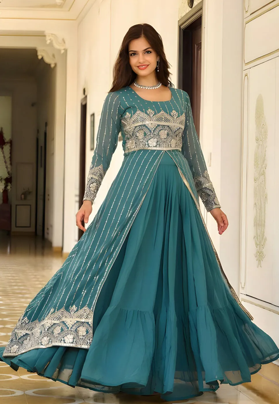 Embroidered Georgette Lehenga in Blue