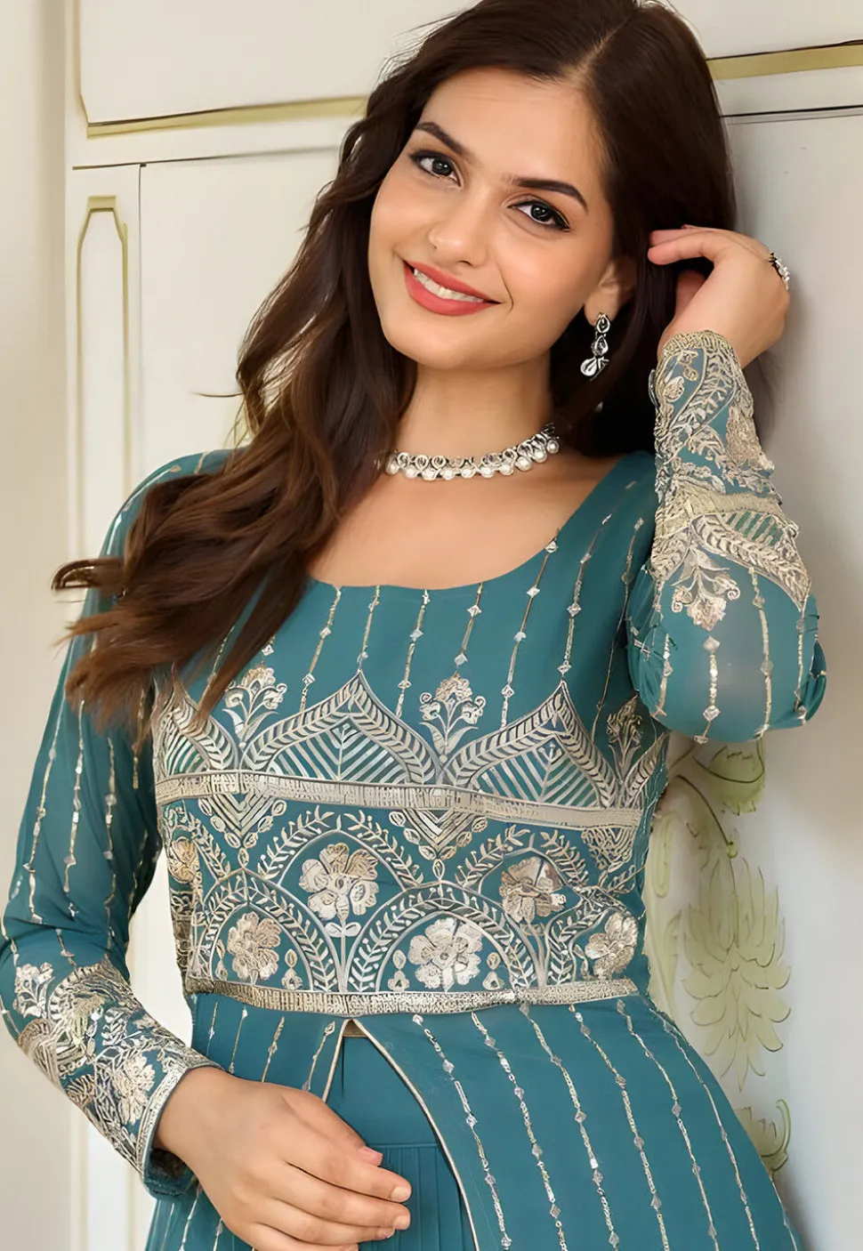Embroidered Georgette Lehenga in Blue