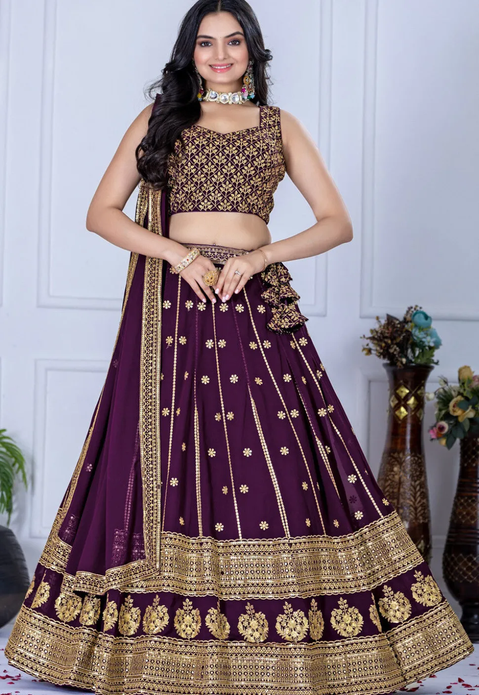Embroidered Georgette Lehenga in Violet