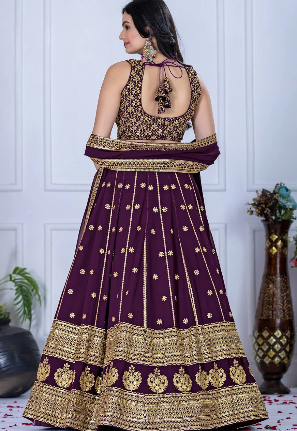 Embroidered Georgette Lehenga in Violet