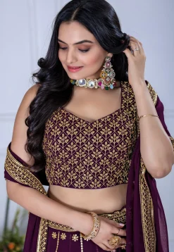 Embroidered Georgette Lehenga in Violet