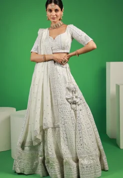 Embroidered Georgette Lehenga in Off-White