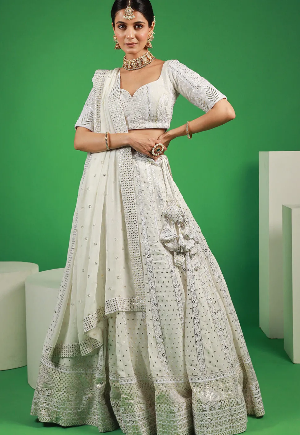 Embroidered Georgette Lehenga in Off-White