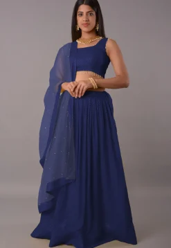 Embroidered Georgette Lehenga in Navy Blue