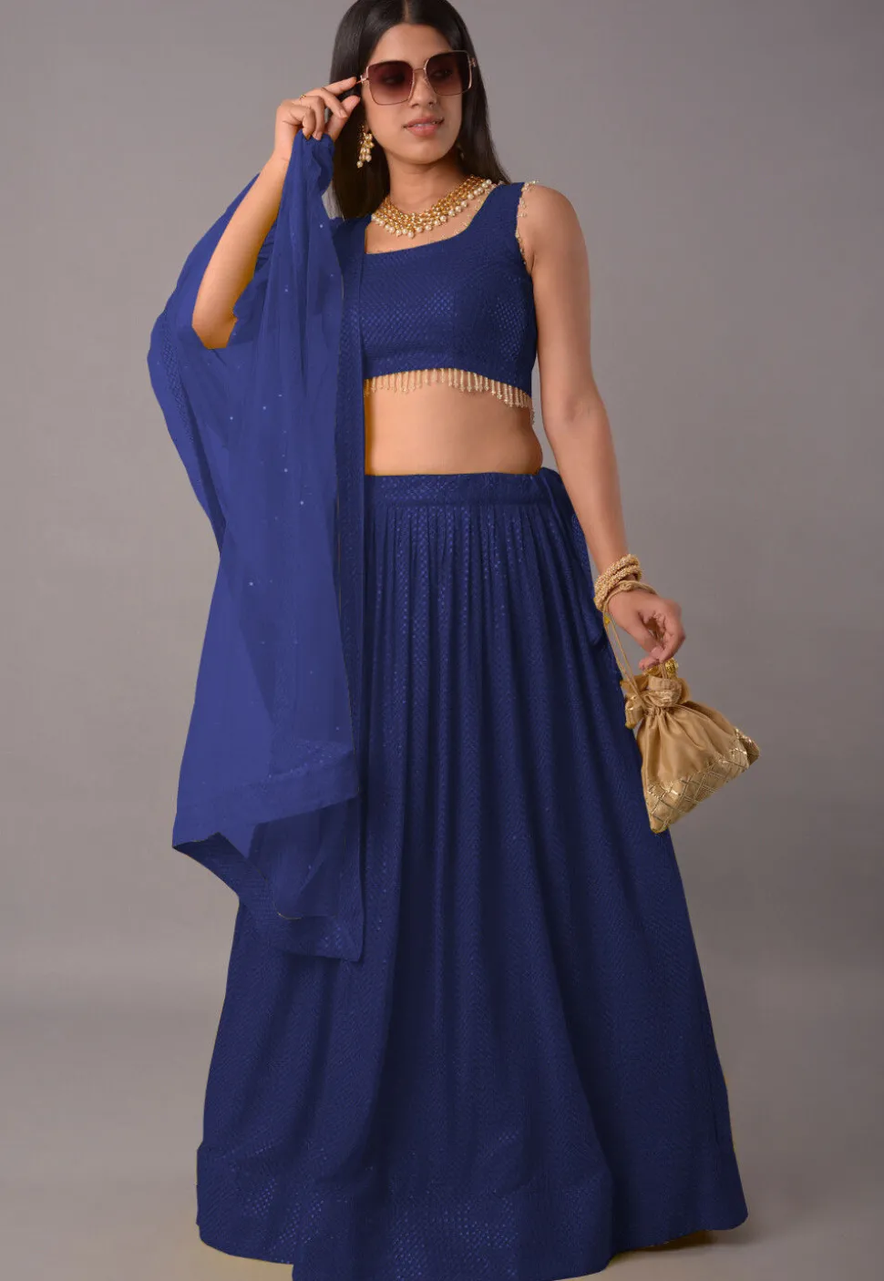 Embroidered Georgette Lehenga in Navy Blue