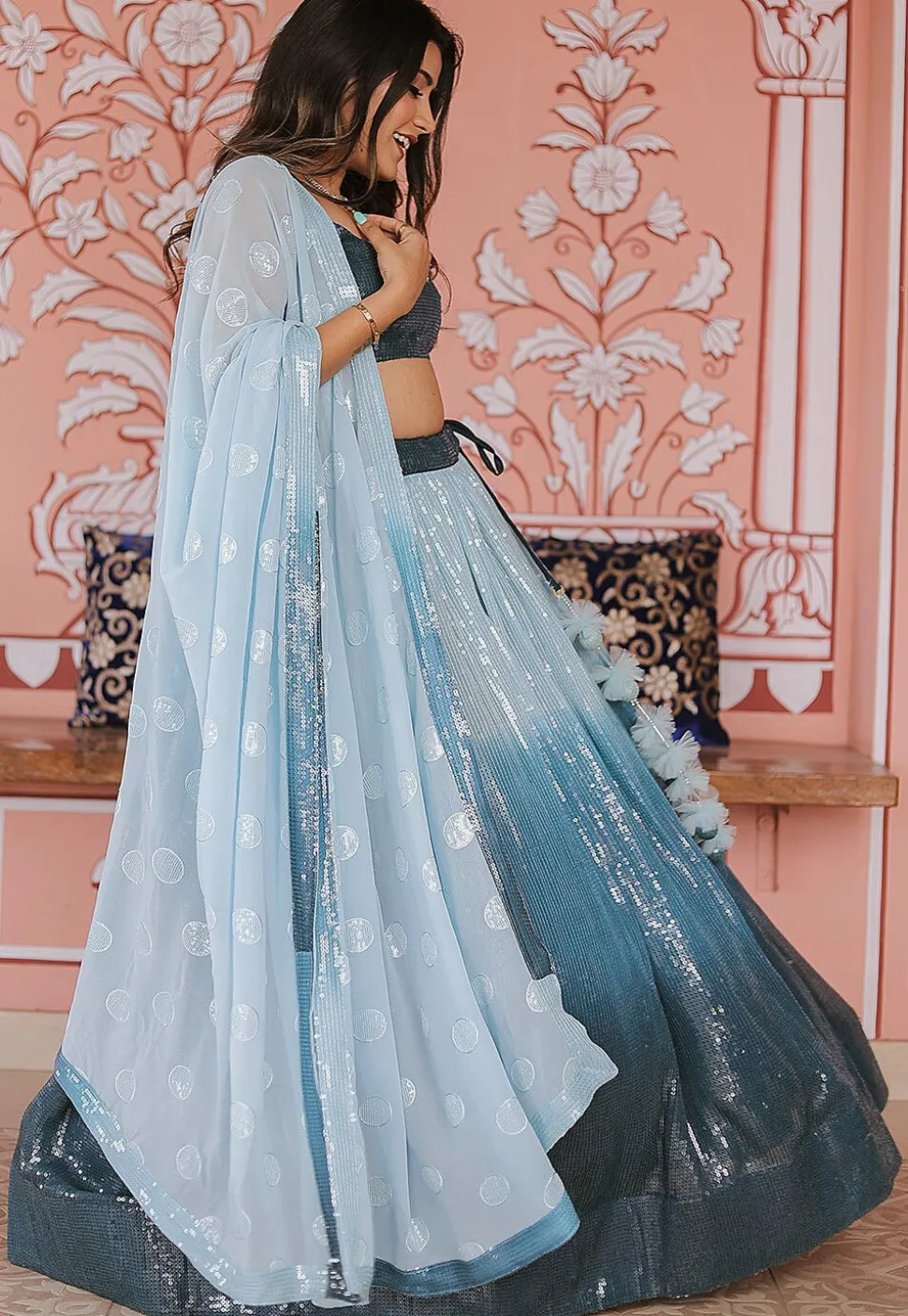 Embroidered Georgette Lehenga in Shaded Blue