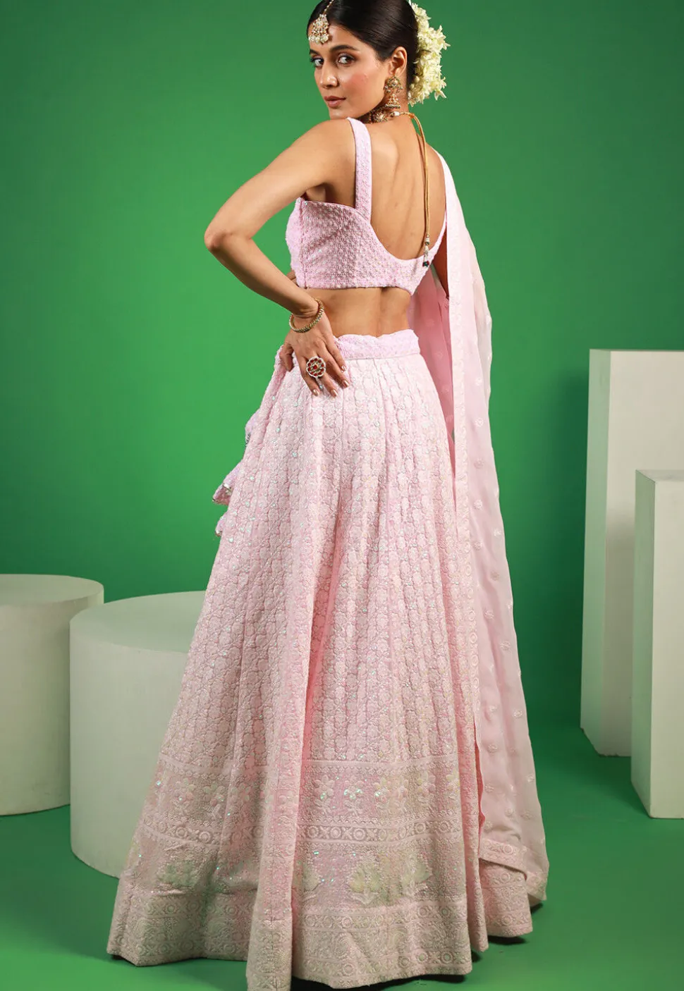 Embroidered Georgette Lehenga in Baby Pink
