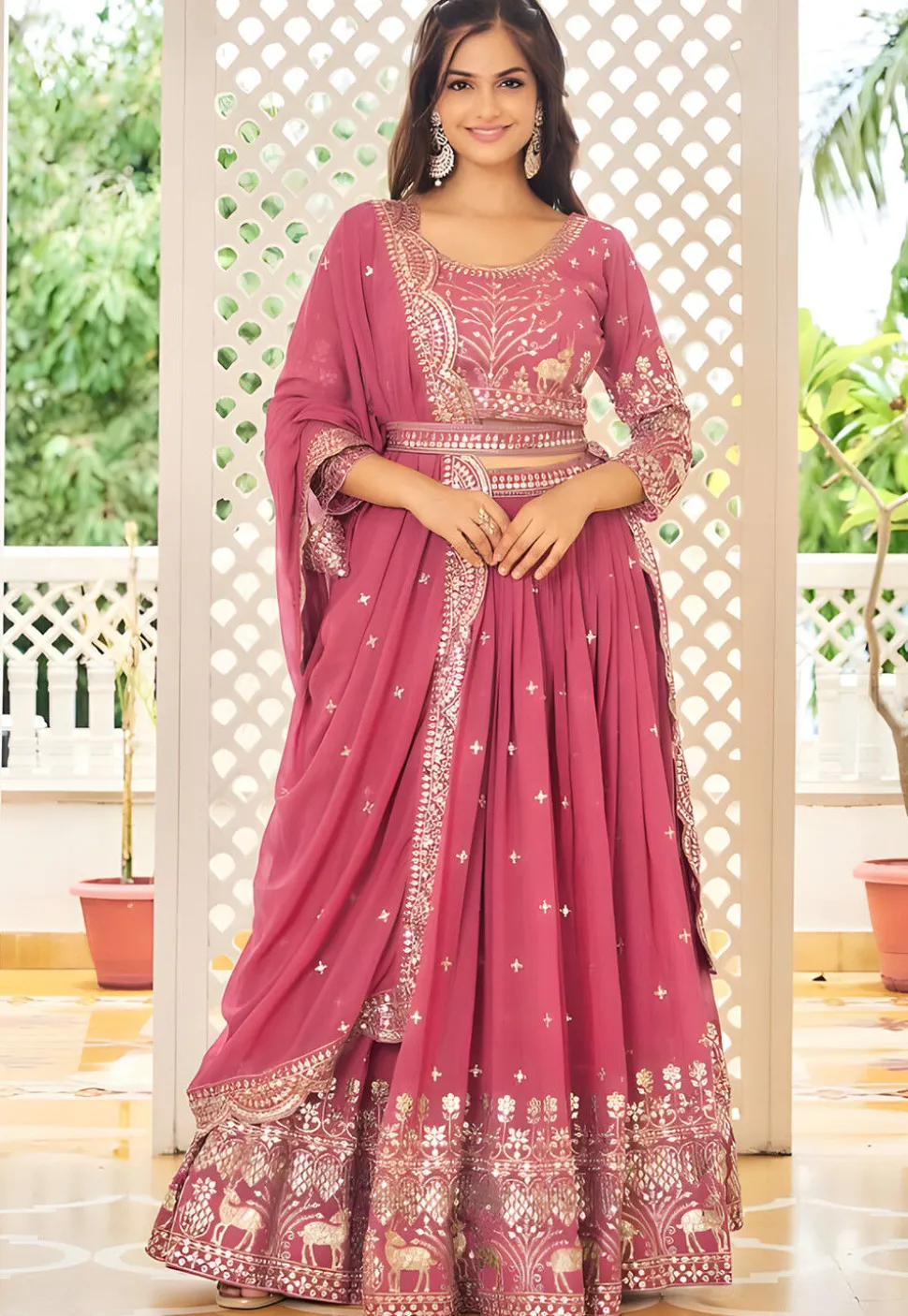 Embroidered Georgette Lehenga in Pink