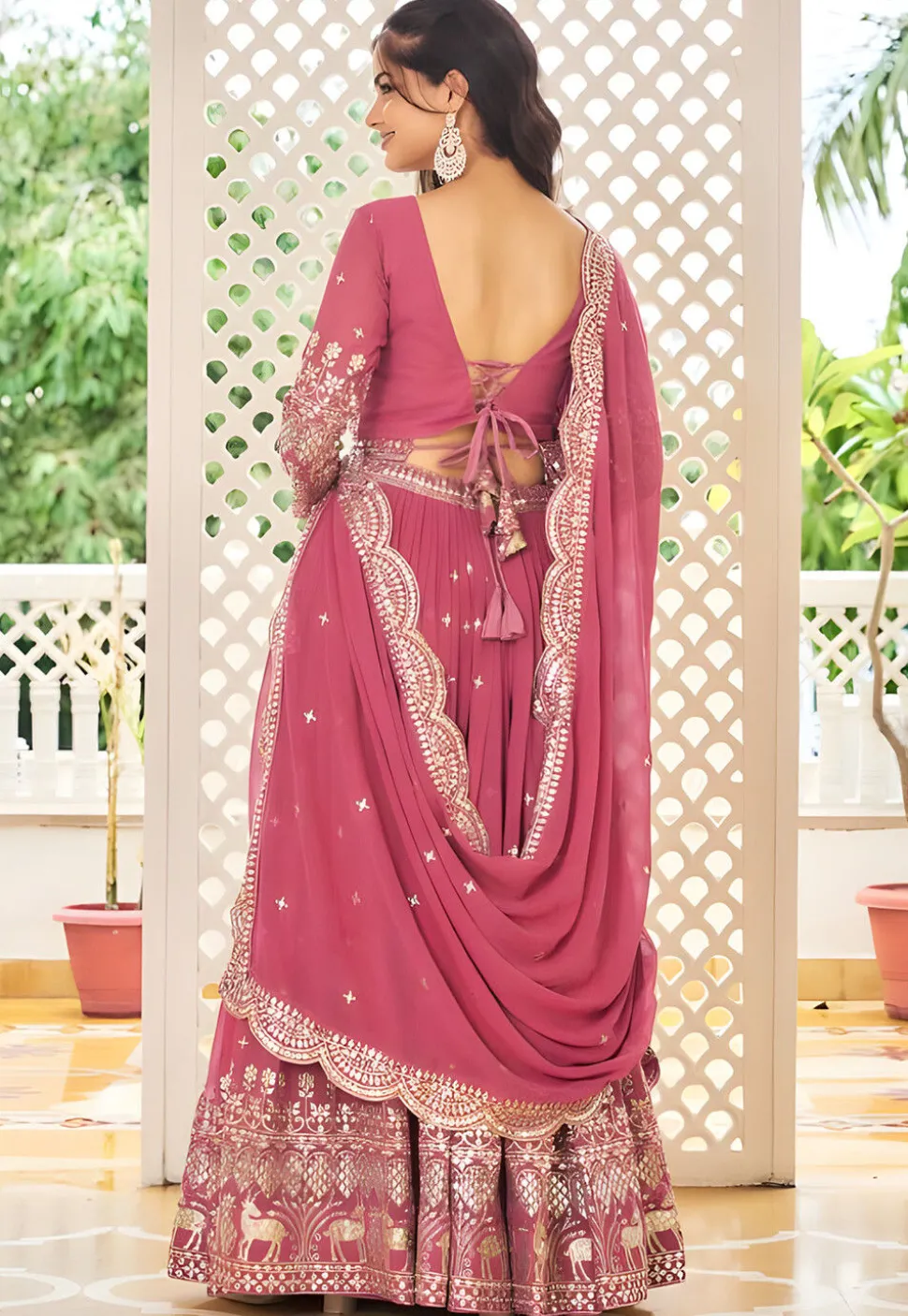Embroidered Georgette Lehenga in Pink
