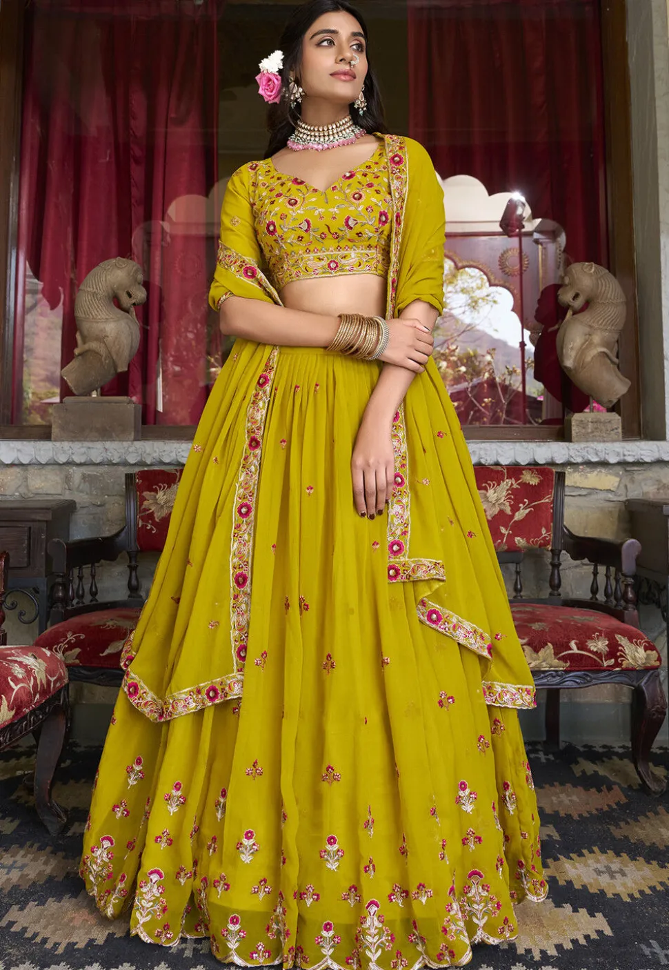 Embroidered Georgette Lehenga in Yellow