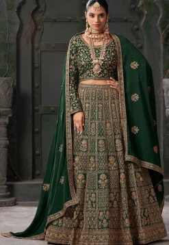 Embroidered Georgette Lehenga in Dark Green
