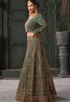 Embroidered Georgette Lehenga in Dark Green