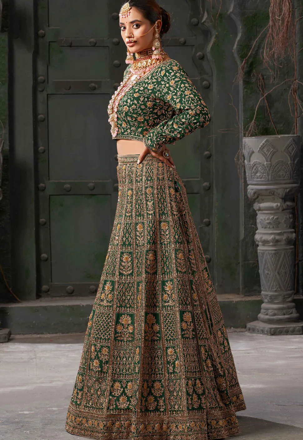 Embroidered Georgette Lehenga in Dark Green