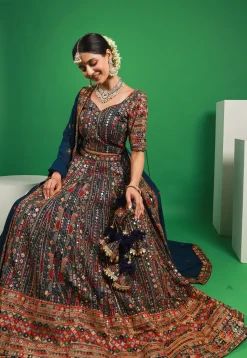 Embroidered Georgette Lehenga in Teal Blue
