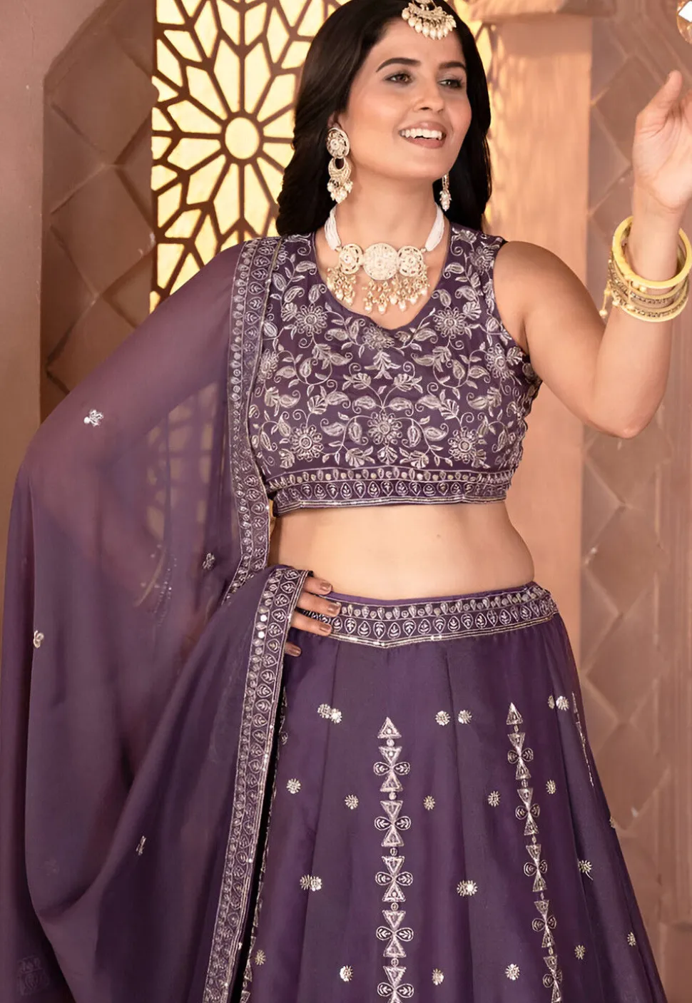 Embroidered Georgette Lehenga in Dusty Purple