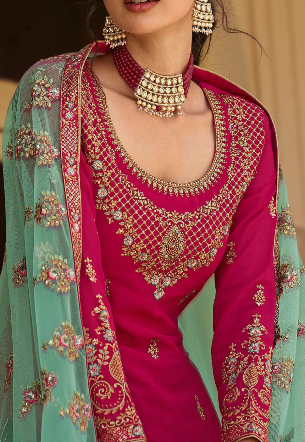 Embroidered Georgette Lehenga in Fuchsia