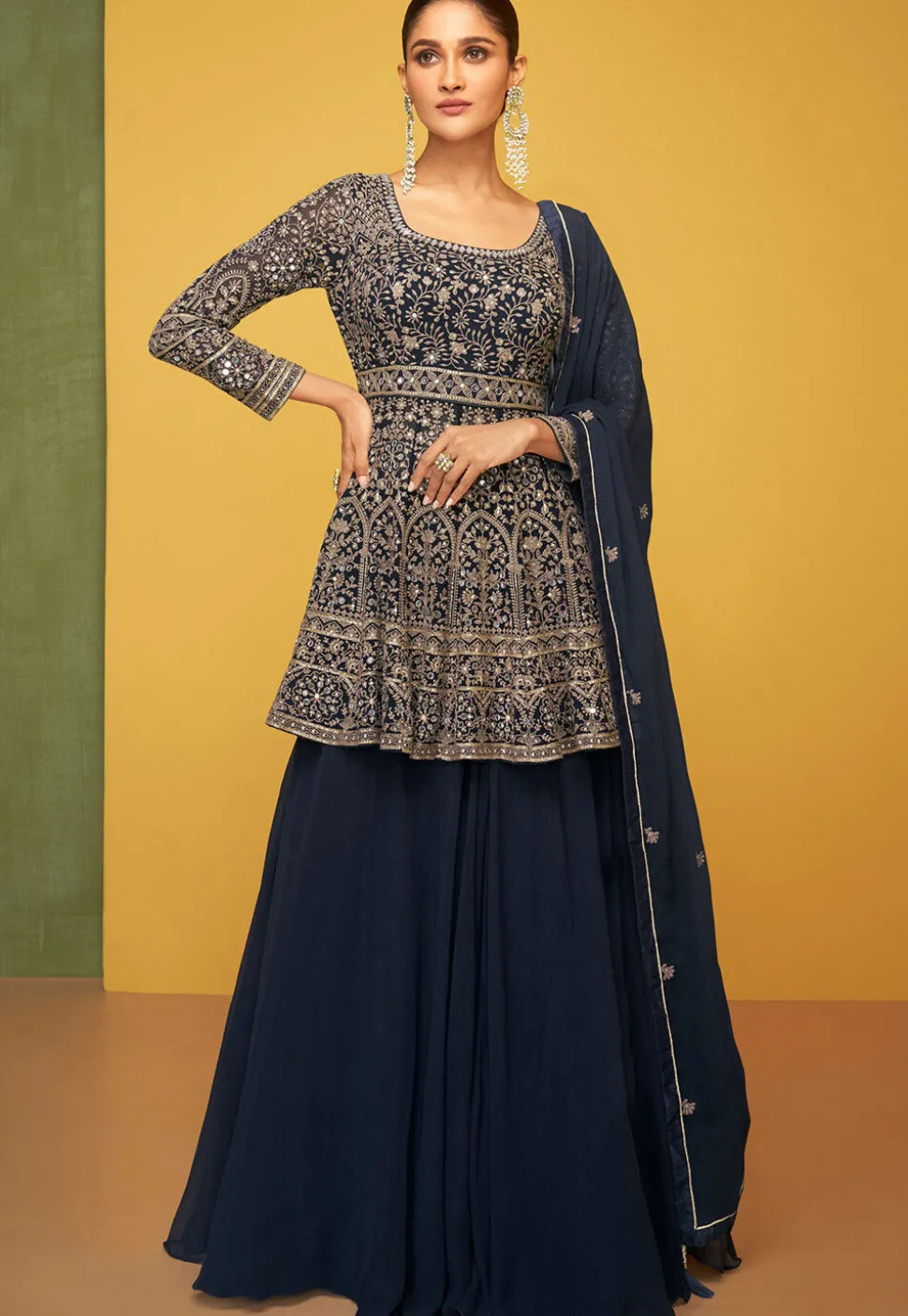 Embroidered Georgette Lehenga in Navy Blue