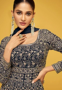Embroidered Georgette Lehenga in Navy Blue