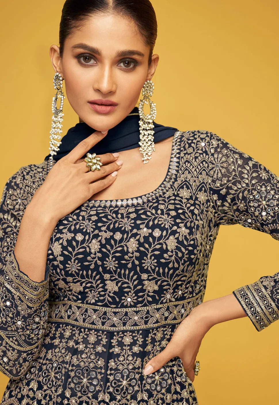 Embroidered Georgette Lehenga in Navy Blue