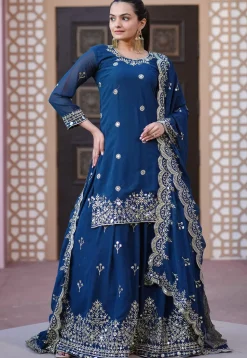 Embroidered Georgette Lehenga in Teal Blue
