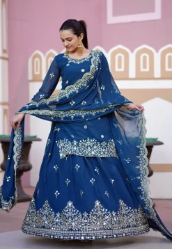 Embroidered Georgette Lehenga in Teal Blue