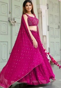 Embroidered Georgette Lehenga in Fuchsia