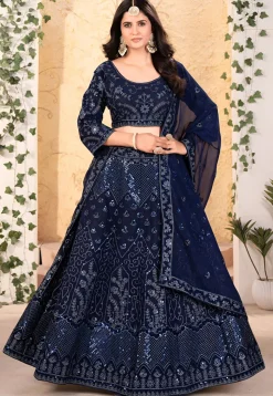 Embroidered Georgette Lehenga in Navy Blue