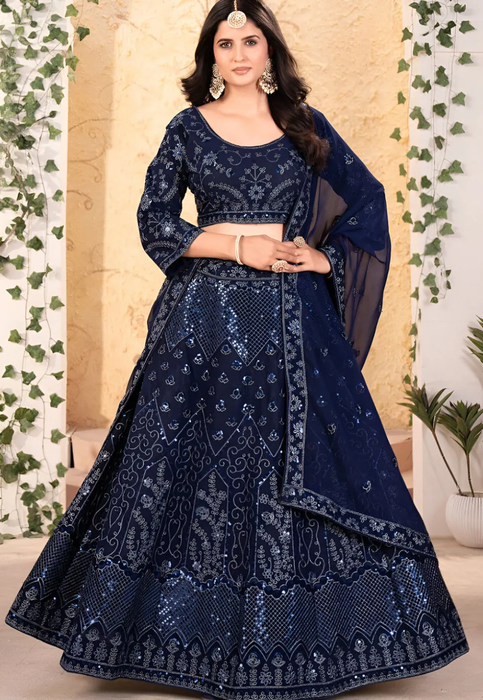 Embroidered Georgette Lehenga in Navy Blue