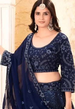Embroidered Georgette Lehenga in Navy Blue