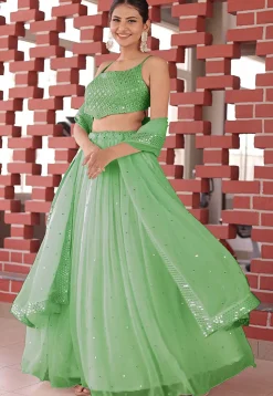 Embroidered Georgette Lehenga in Pastel Green
