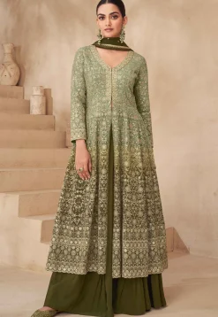Embroidered Georgette Lehenga in Olive Green Ombre