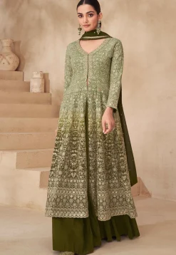 Embroidered Georgette Lehenga in Olive Green Ombre