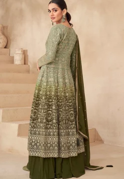 Embroidered Georgette Lehenga in Olive Green Ombre