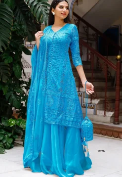 Embroidered Georgette Lehenga in Light Blue