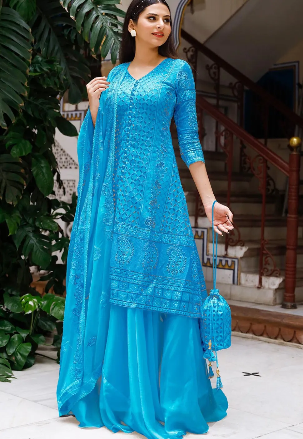 Embroidered Georgette Lehenga in Light Blue