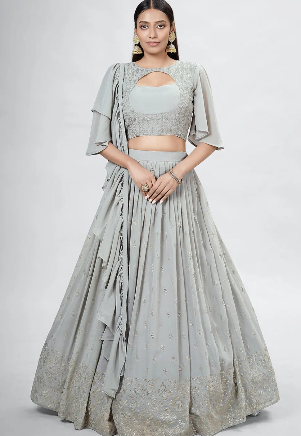Embroidered Georgette Lehenga in Light Grey