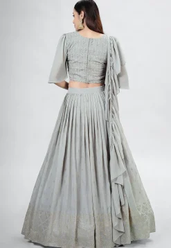 Embroidered Georgette Lehenga in Light Grey